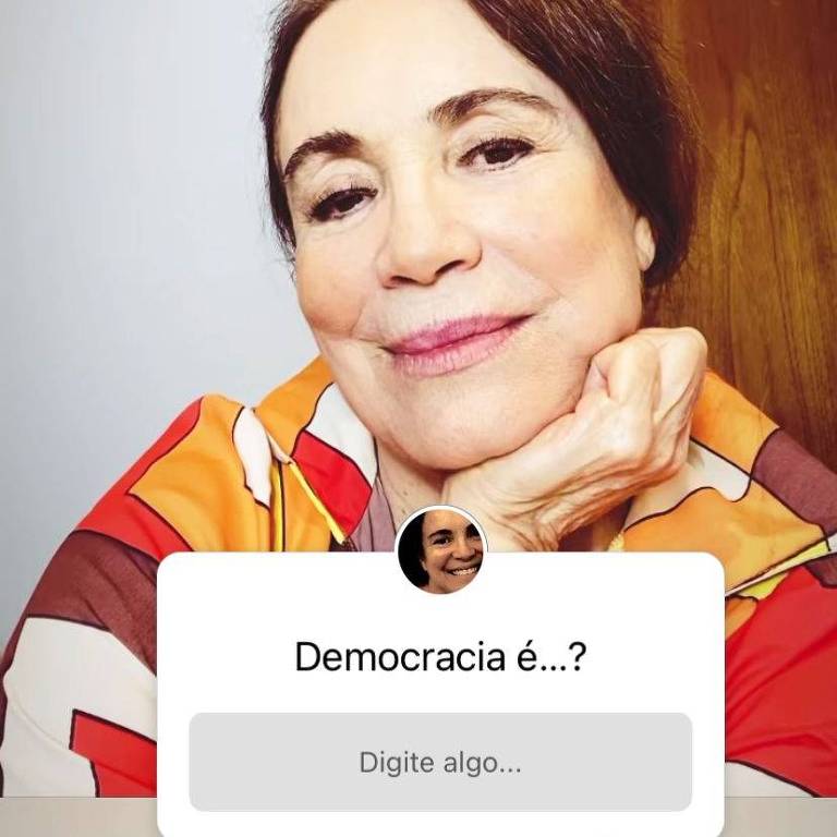 A atriz Regina Duarte convidou seguidores para discutir sobre a democracia