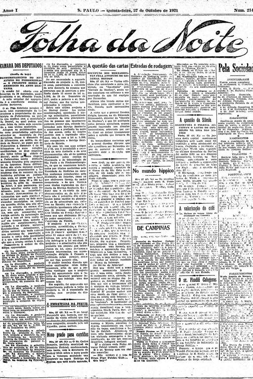 Primeira Página da Folha da Noite de 27 de outubro de 1921