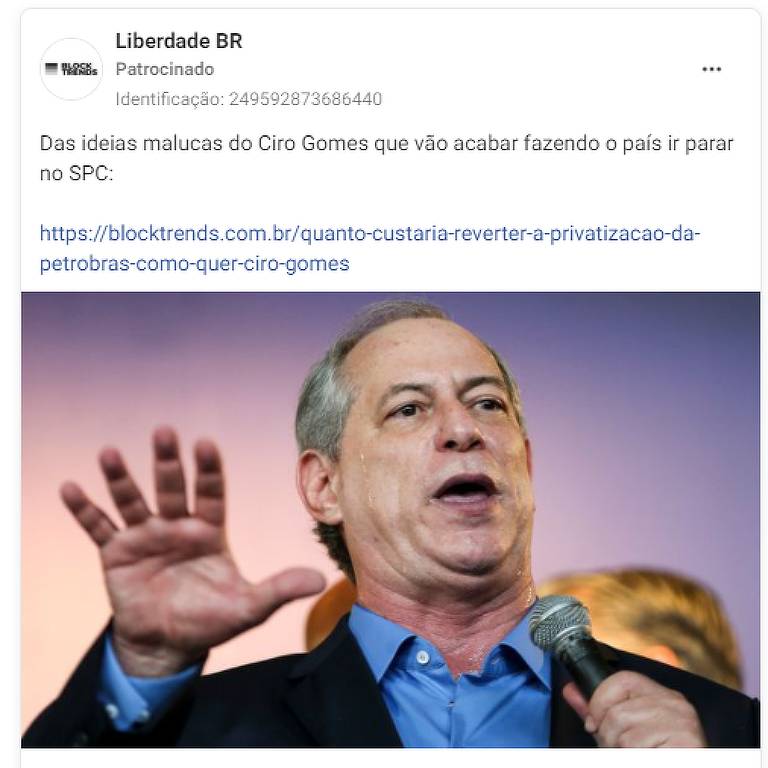 Conteúdo impulsionado pelo LiberdadeBR e criticado por Ciro Gomes