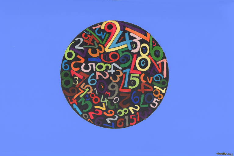 No meio de um fundo azul claro, o desenho de um círculo cheio de números coloridos de diferentes tamanhos