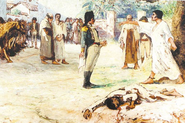 A tela registra a execução de líderes da Revolução Pernambucana. Enquanto um homem negro está morto no chão, sangrando, outro aponta o dedo para um soldado que o encara. Uma multidão assiste, em campo aberto.
