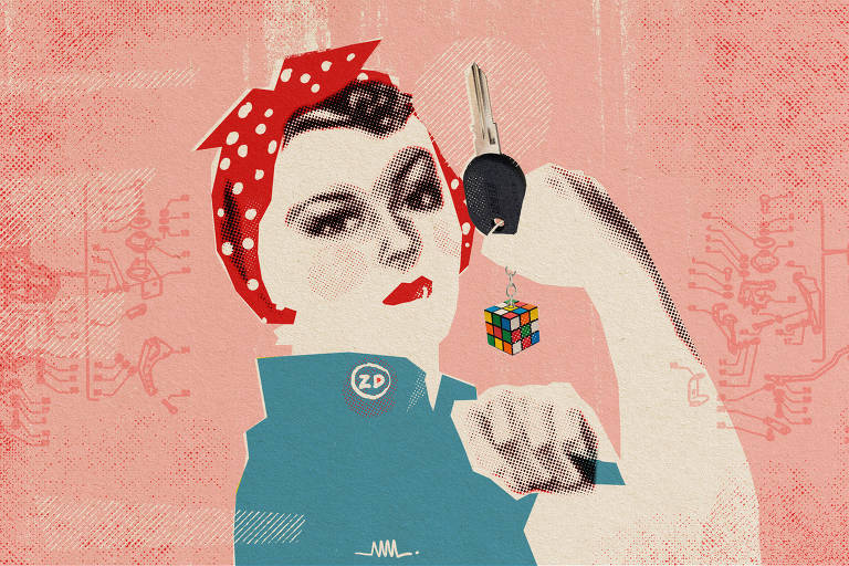 Releitura da obra 'We Can Do It' de J. Howard Miller. Nessa versão, a mulher está segurando uma chave de carro com um chaveiro de cubo mágico. Ela está com a roupa azul e um lenço vermelho na cabeça.