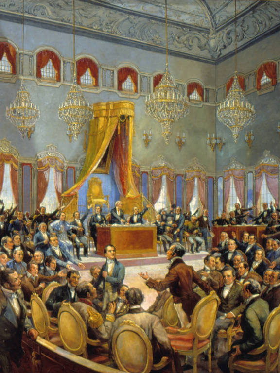 ‘Sessão das Cortes de Lisboa’ (1922), óleo sobre tela de Oscar Pereira da Silva, que retrata conflito entre os representantes do Brasil e os de Portugal sobre o futuro da colônia em reunião de maio de 1822