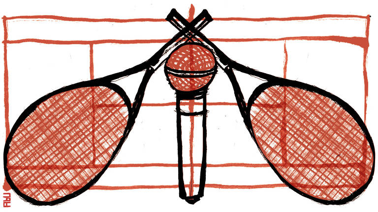 Ilustração de duas raquetes apoiadas pelos cabelos em cima de um microfone