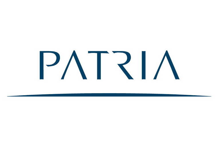 Logo de marca com a palavra "patria" em azul