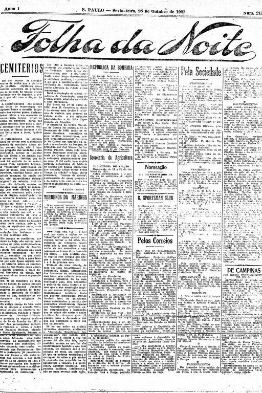 Primeira Página da Folha da Noite de 28 de outubro de 1921