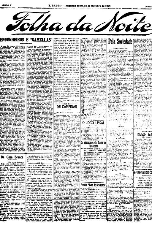 Primeira Página da Folha da Noite de 31 de outubro de 1921