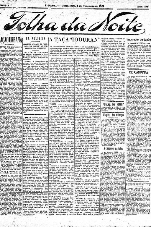 Primeira Página da Folha da Noite de 1º de novembro de 1921