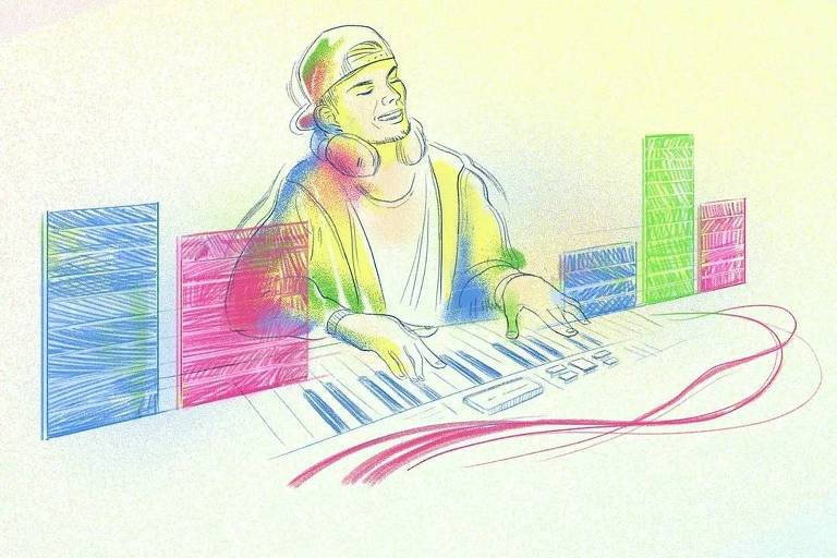 Ilustração do DJ Avicii tocando piano em tons de rosa, azul, verde e amarelo