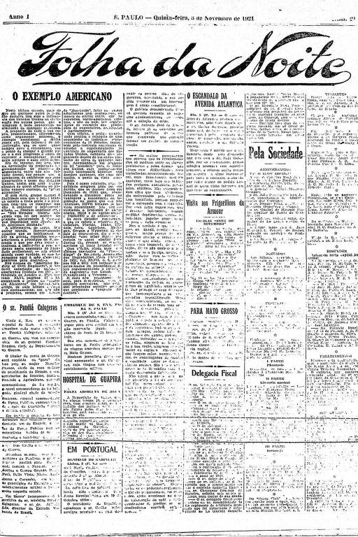 Primeira Página da Folha da Noite de 3 de novembro de 1921