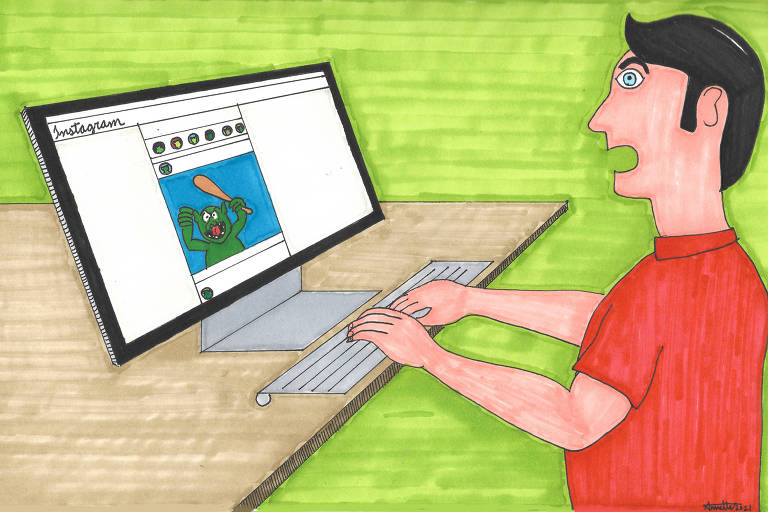 Desenho de um homem de camisa vermelha teclando e olhando para a tela de um computador com uma parede verde ao fundo