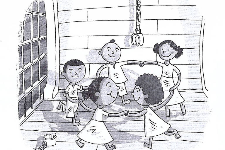 Ilustração de "Abecê da Liberdade", com crianças brincando em um navio negreiro