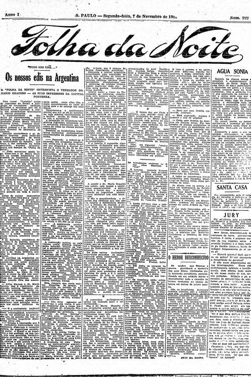 Primeira Página da Folha da Noite de 7 de novembro de 1921