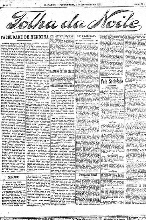 Primeira Página da Folha da Noite de 9 de novembro de 1921