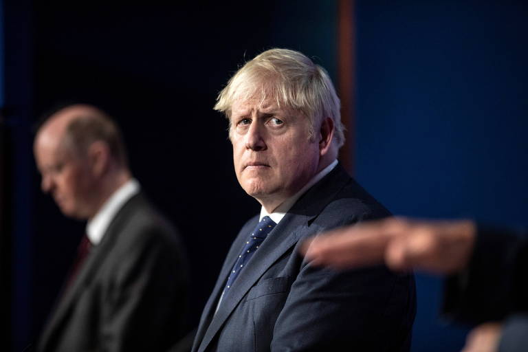 O premiê do Reino Unido, Boris Johnson, durante apresentação dos planos anti-Covid durante o outono e o inverno