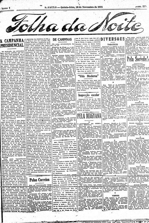 Primeira Página da Folha da Noite de 10 de novembro de 1921