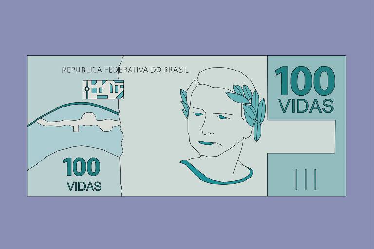 Desenho de uma nota de 100 reais, mas, no lugar da palavra reais, há palavra vidas; o rosto na nota lembra a face de Bolsonaro