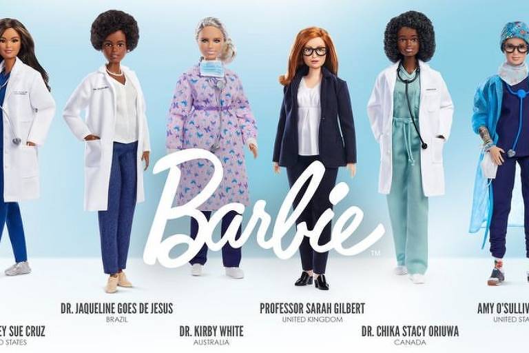 Imagem mostra seis bonecas Barbie com roupas de profissionais da saúde