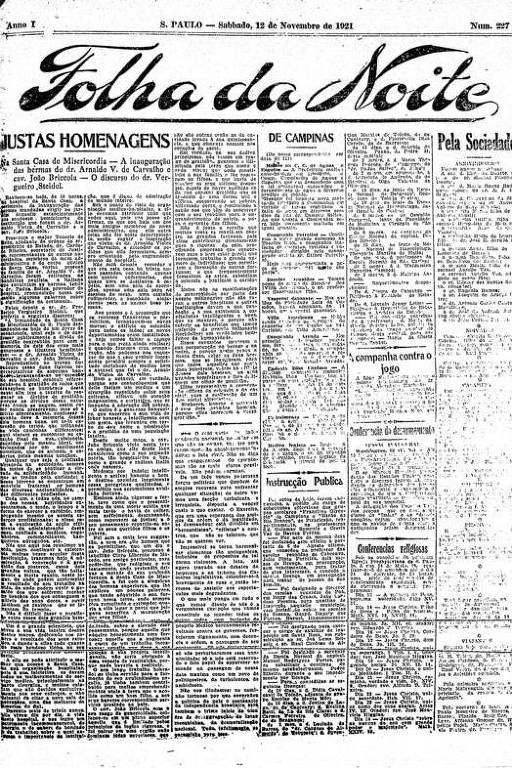 Primeira Página da Folha da Noite de 12 de novembro de 1921