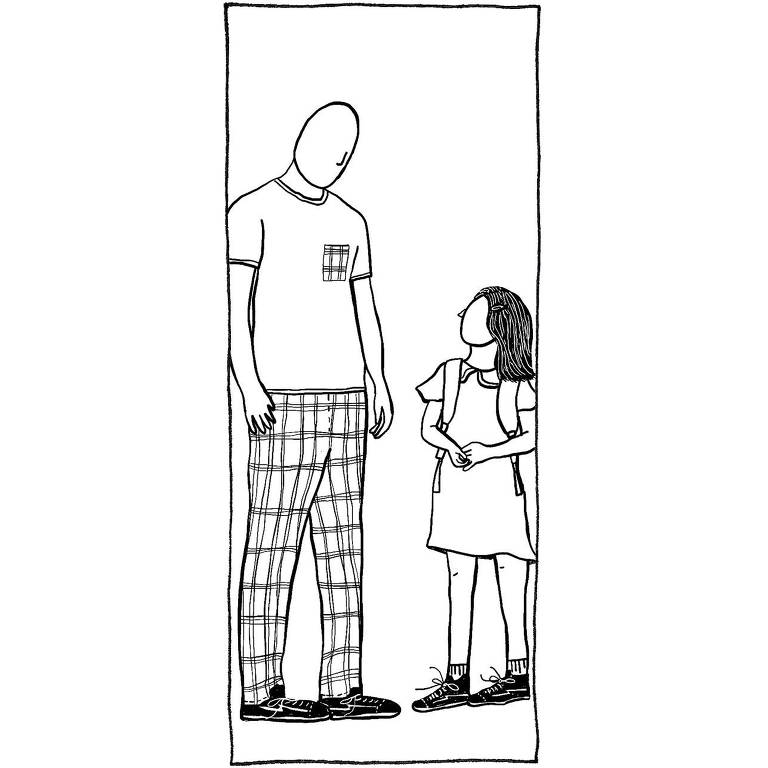 Ilustração de um adulto sem cabelo vestindo camiseta, calça quadriculada e tênis olhando para uma criança com cabelos lisos na altura dos ombros, vestido e mochila que olha para cima para o rosto do adulto.