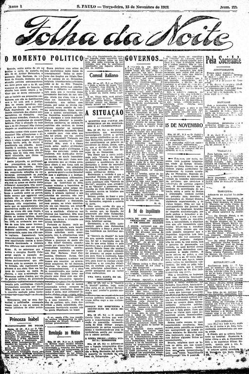 Primeira Página da Folha da Noite de 15 de novembro de 1921