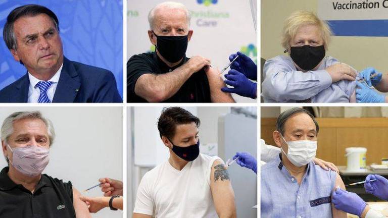 Maioria dos líderes tomaram vacinas e compartilharam as imagens. Foto: BBC, com imagens de Reuters, Governo do Reino Unido, Reprodução