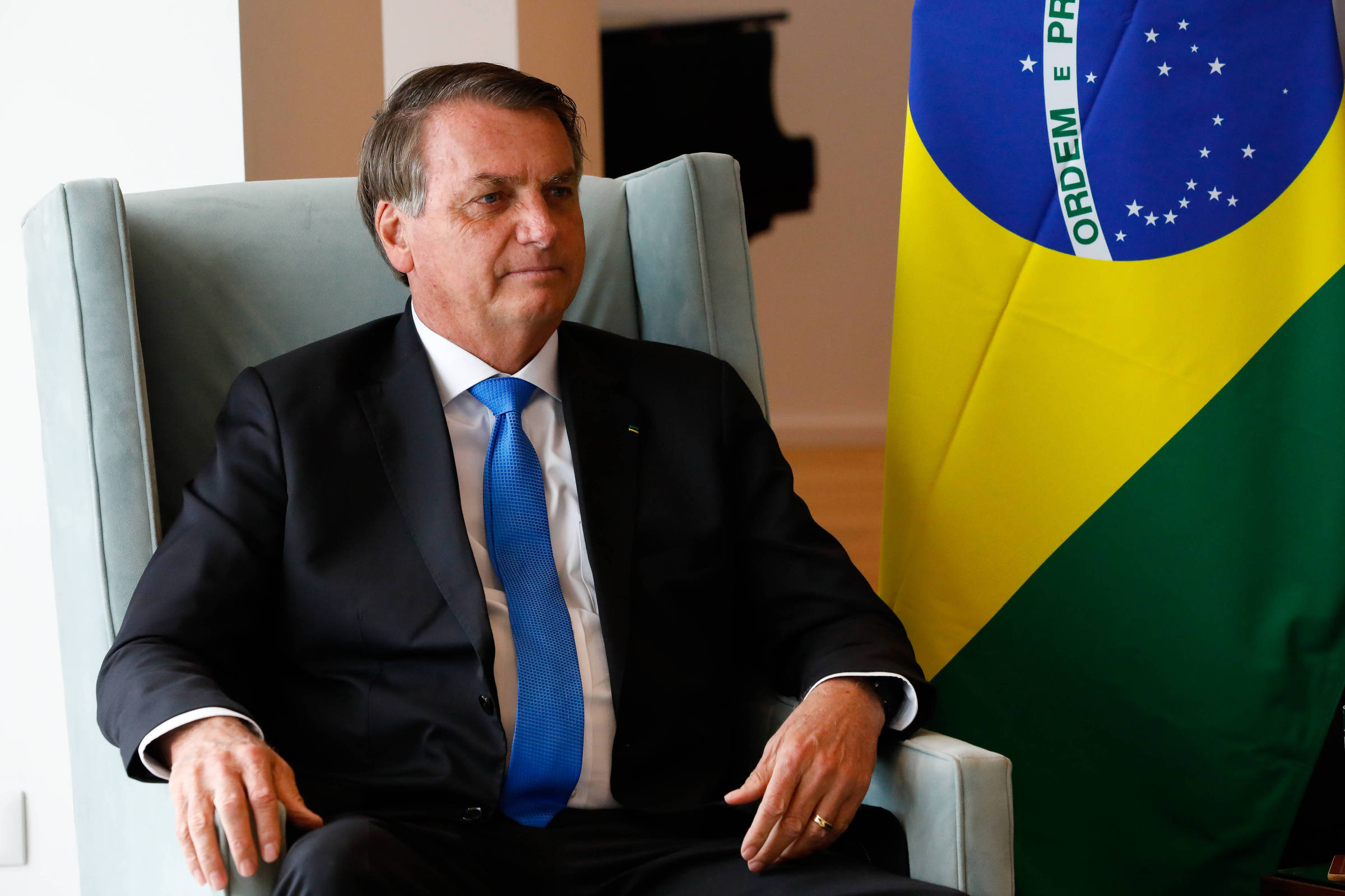 Presidente da República, Jair Bolsonaro, durante encontro com o primeiro-ministro britânico, Boris Johnson, nesta segunda-feira (20)

