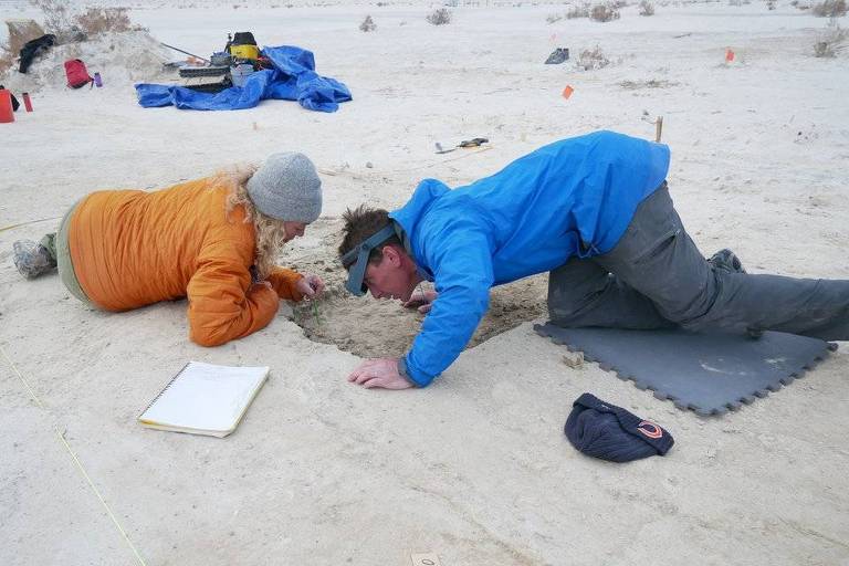 uma mulher e um homem estão agachados observando sedimentos antigos