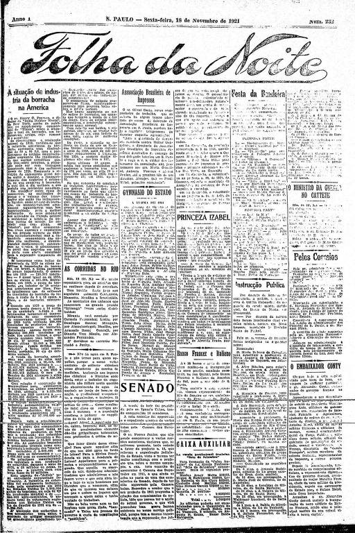 Primeira Página da Folha da Noite de 18 de novembro de 1921
