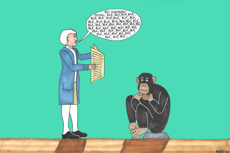 Desenho mostra um homem como se fosse o pensador Rousseau lendo um texto para um chimpanzé