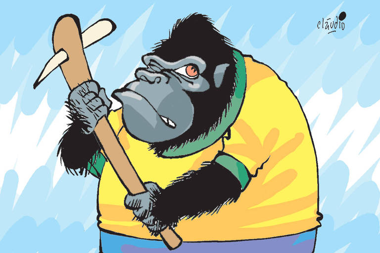 charge com um gorila com a camisa da seleção brasileira segurando um tacape