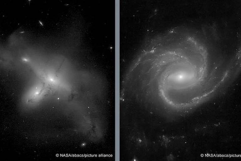 Duas imagens, uma ao lado da outra, com fundos pretos; ao centro de uma delas, uma espiral branca; no centro da outra, duas luzes brancas e fortes se aproximam