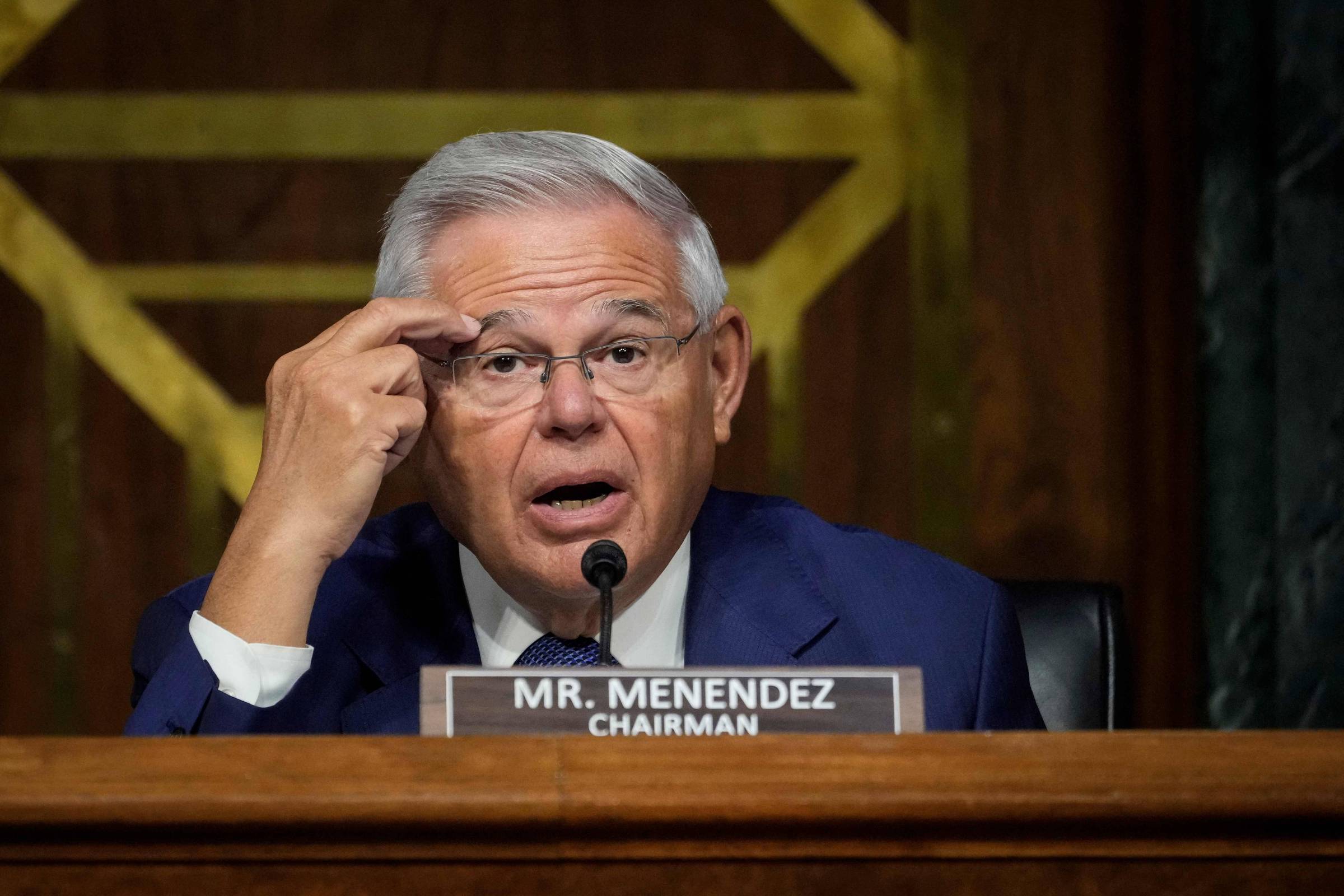 Presidente da Comissão de Relações Exteriores do Senado americano, senador Bob Menendez, fala em audiência no Congresso em 14 de setembro. 