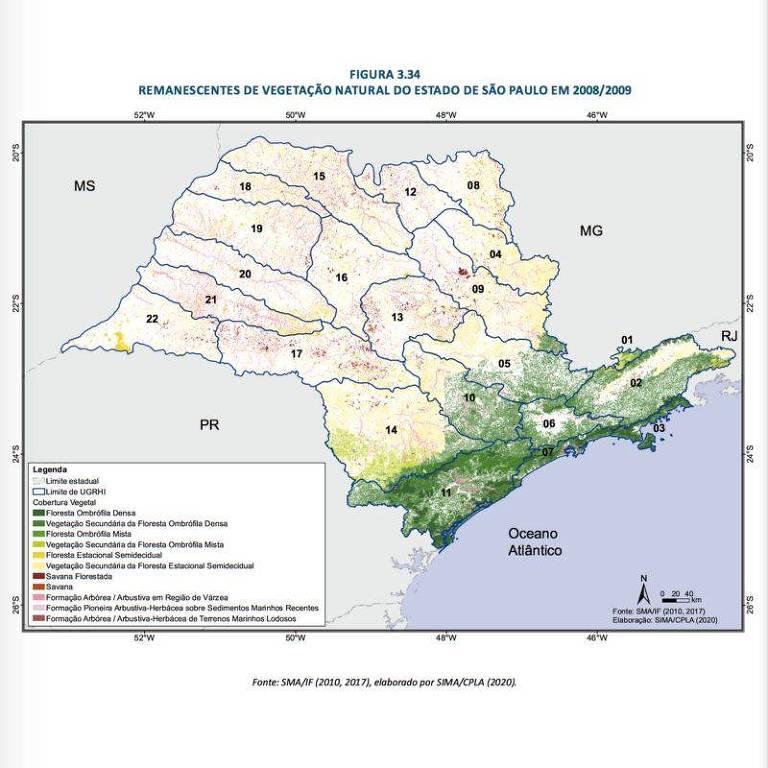 Mapa mostra que remanescentes de vegetação nativa no estado de São Paulo se concentram no litoral