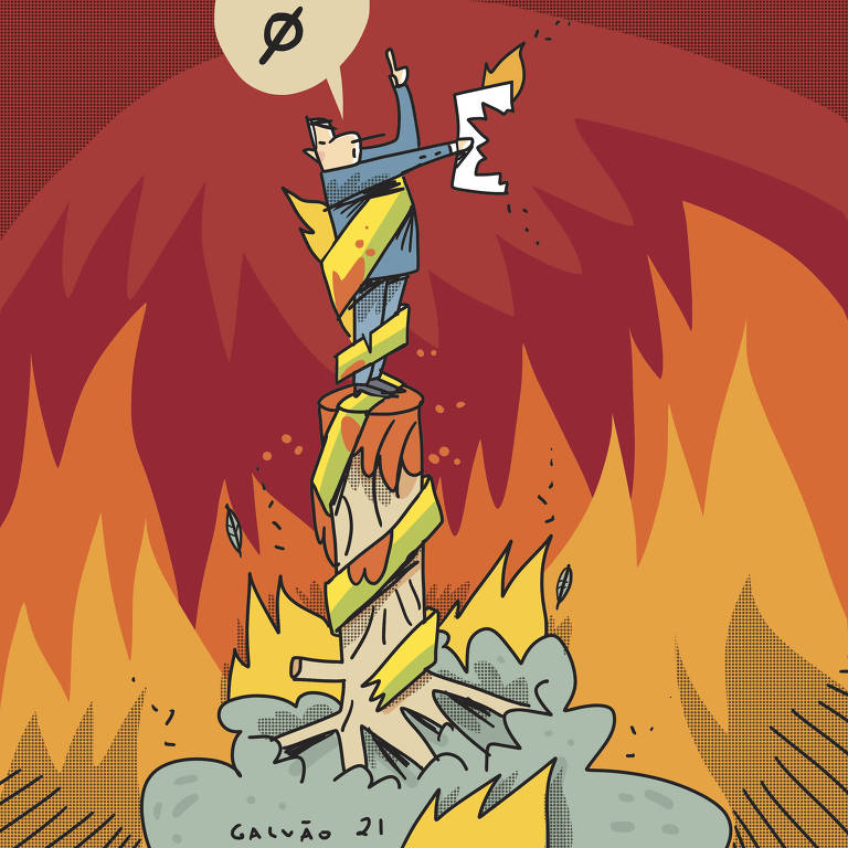 Ilustração mostra um presidente em cima de um tronco de árvore pegando fogo