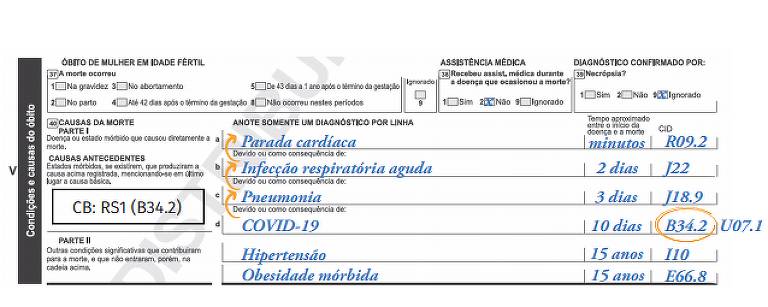 Exemplo de atestado de óbito para casos de Covid-19 disponível no site do Ministério da Saúde