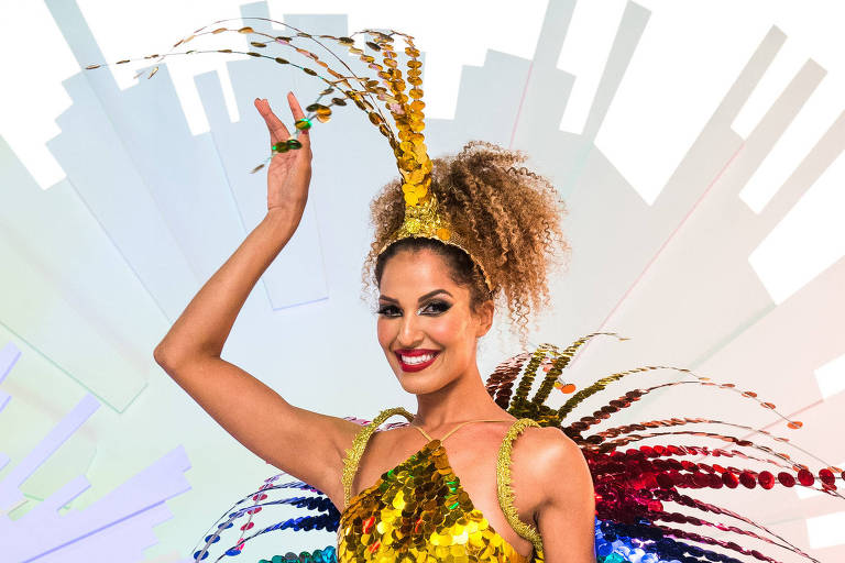 Erika Moura durante gravação de vinheta do Carnaval 2019