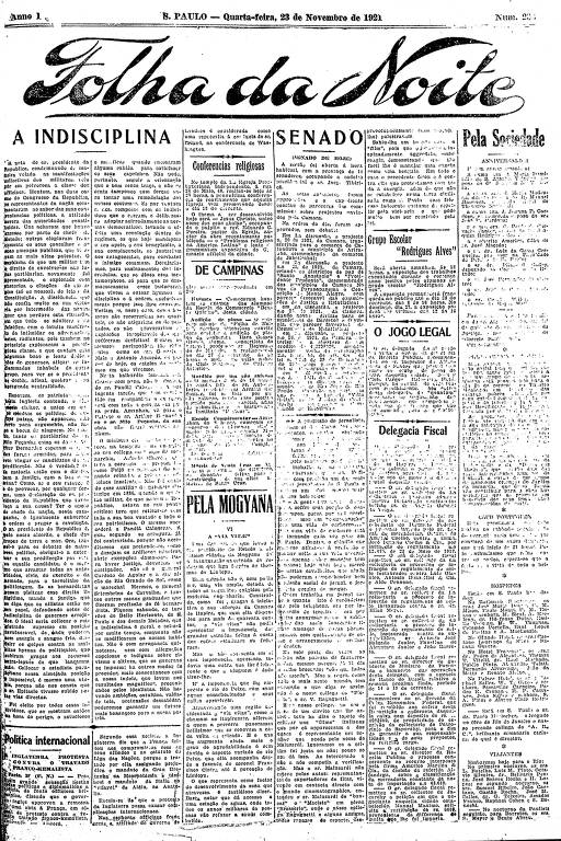 Primeira Página da Folha da Noite de 23 de novembro de 1921