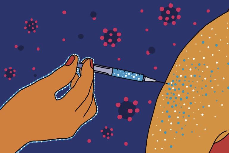 Ilustração na qual uma vacina é aplicada no braço de alguém 