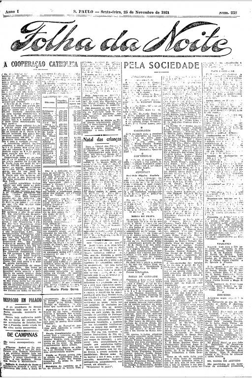 Primeira Página da Folha da Noite de 25 de novembro de 1921