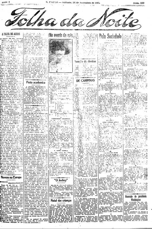Primeira Página da Folha da Noite de 26 de novembro de 1921