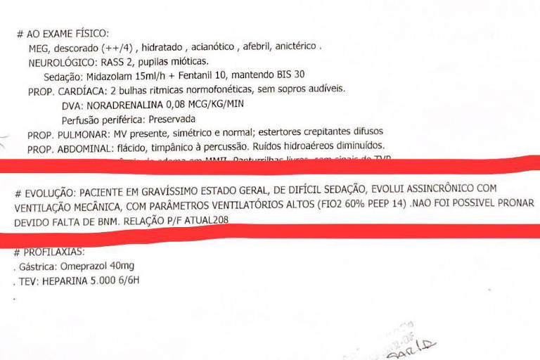 Relatório médico de Carlos Reis em hospital da rede Prevent Senior aponta "caso gravíssimo" e indica que "não foi possível pronar por falta de BNM", indicando procedimento importante não feito por falta de medicamento
