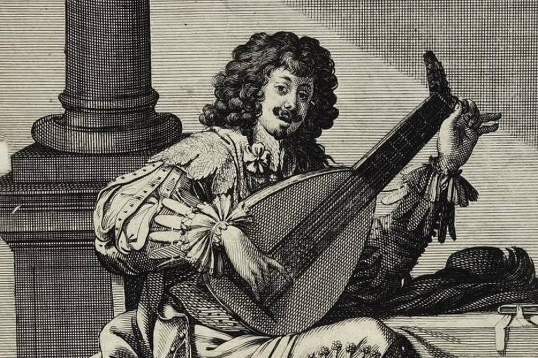 Gravura mostra um homem no século 17 tocando o alaúde
