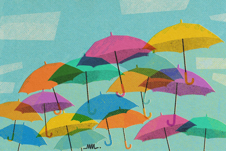 guarda-chuvas coloridos flutuam no céu