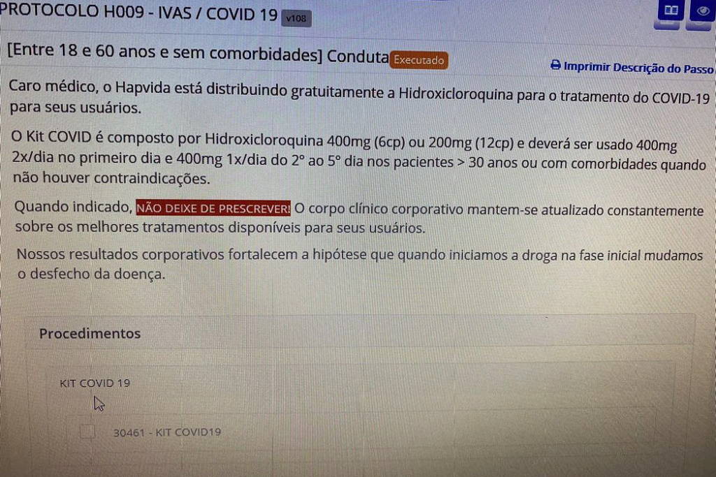 'Não deixe de prescrever', dizia sistema da Hapvida sobre hidroxicloroquina; veja vídeo