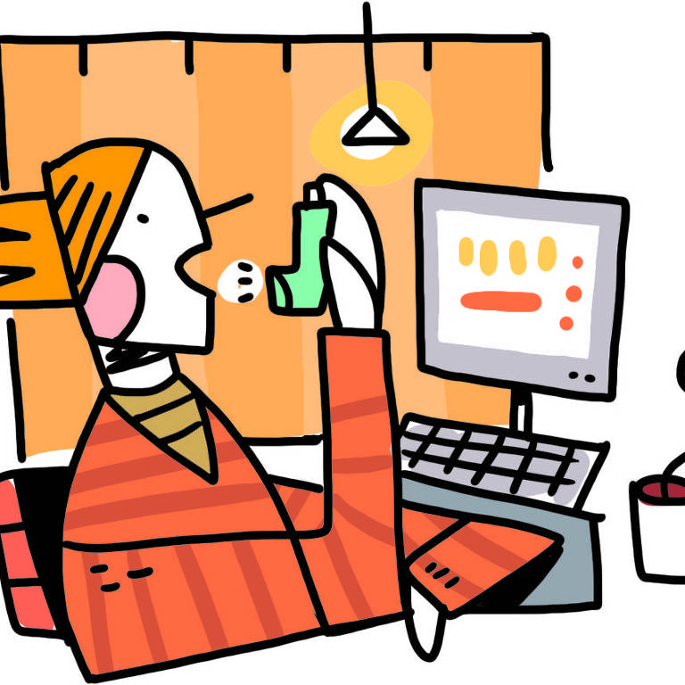 Ilustração de personagem sentada a frente de um computador espirrando spray na boca