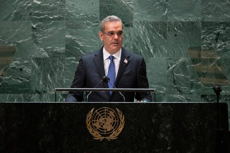 O presidente da República Dominicana, Luis Abinader, durante discurso na Assembleia-Geral da ONU, em Nova York