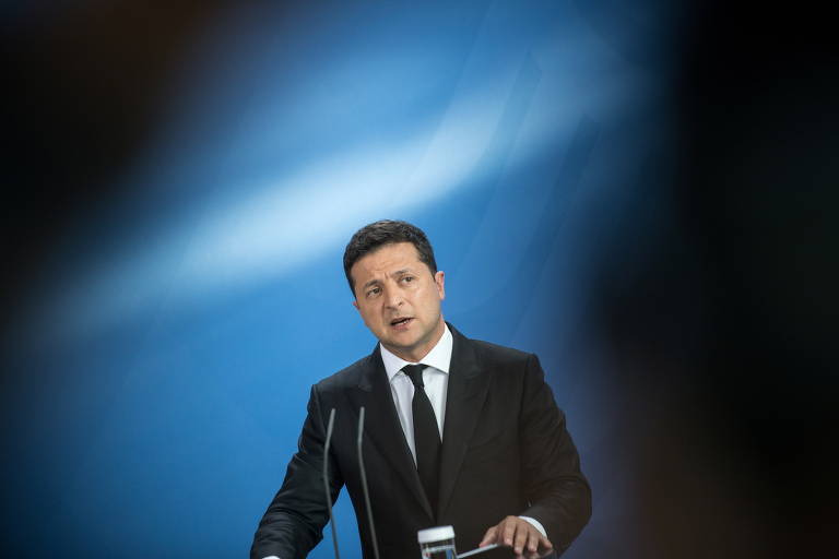 O presidente da Ucrânia, Volodimir Zelenski, durante discurso em Berlim
