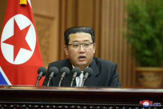 North Korean leader Kim Jong Un delivers a policy speech at the second-day sitting of the 5th Session of the 14th Supreme People's Assembly (SPA) of the Democratic People's Republic of Korea (DPRK) at the Mansudae Assembly Hall in Pyongyang