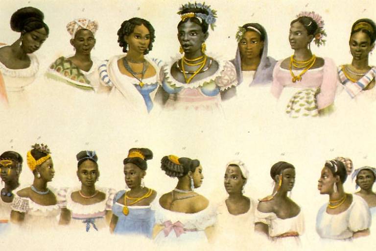 Gravura mostra 16 pequenas ilustrações de bustos de mulheres negras adornadas com enfeites